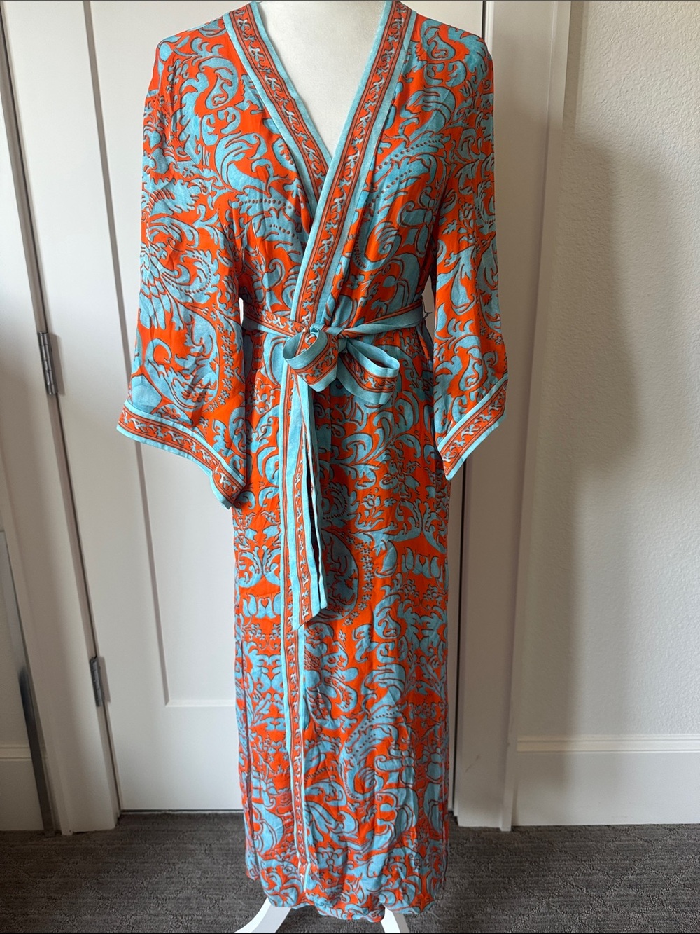 Alice + Olivia Orange and Aqua Floral Kimono Dress with Tie Belt